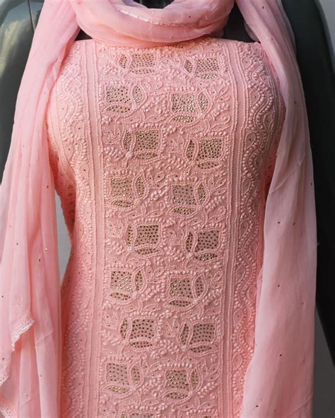 Peach Lucknowi Chikankari Mukaish Work Viscose Georgette Kurta Fabric ...