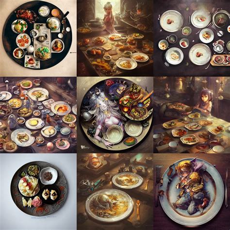 table with ( plates ), food on each plate fantasy art, | Stable ...