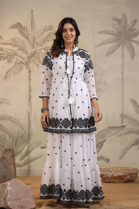 Shop White-Black Mulmul Mirror Embroidered Tiered Dress With Shrug ...