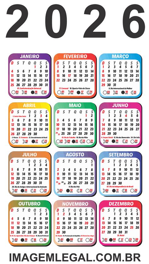 Calendário 2026 de Bolso Colorido PNG | Ideias de calendário ...