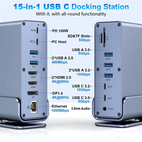 USB C Docking Station Triple 4K Display Dual HDMI+DP, 15-in-1