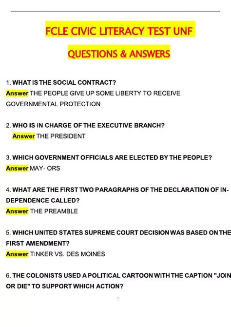 FCLE CIVIC LITERACY TEST UNF (Latest 2025 / 2026 Update) Questions and ...