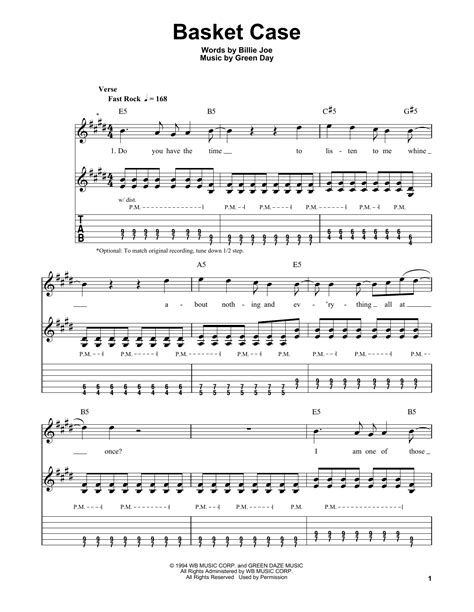 Basket Case by Green Day Sheet Music for Easy Guitar Tab at Sheet Music ...