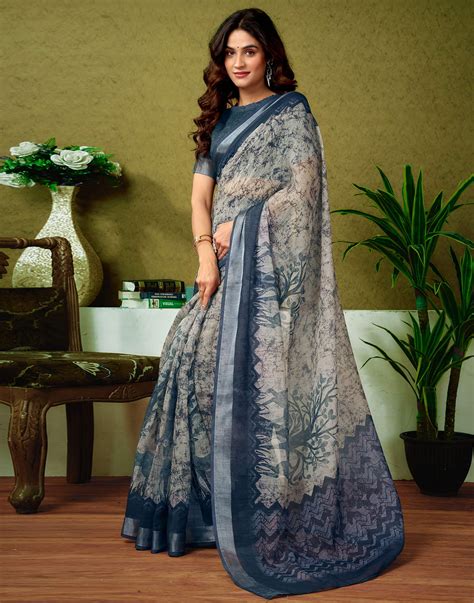 Ready To Wear Stone Grey Linen Zari Printed Saree – Sudathi