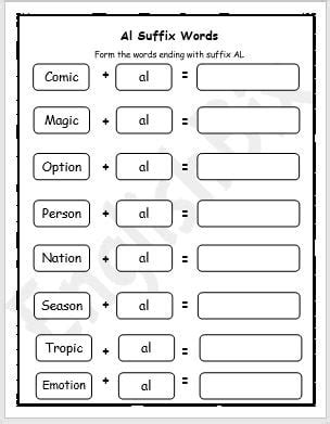 AL Ending Suffix Words Worksheet - EnglishBix