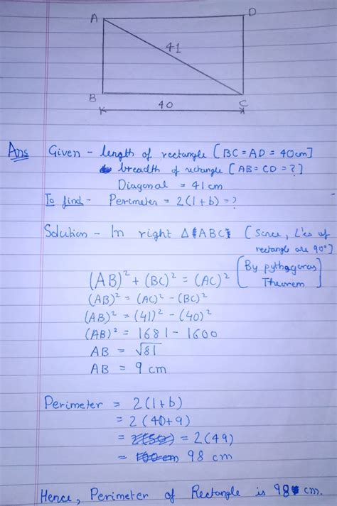 Find the perimeter of a rectangle whose length is 40 cm and a diagnol ...