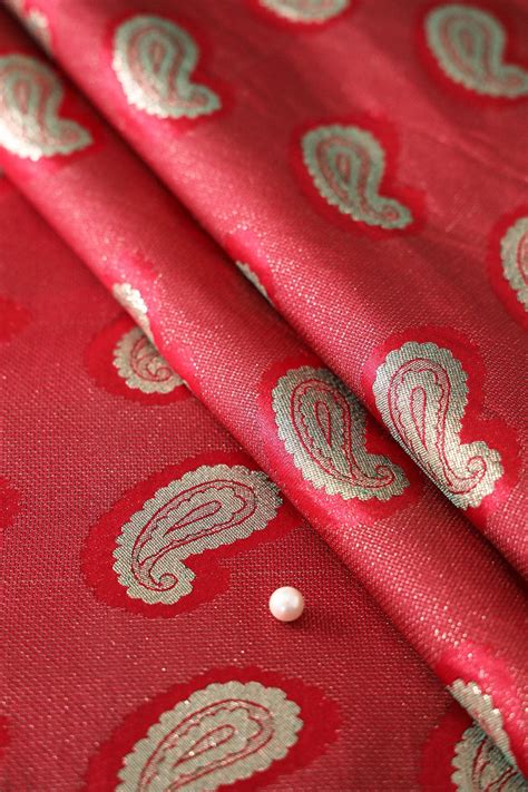 Red Paisley Jute Banarasi Fabrics with Gold Zari Jacquard