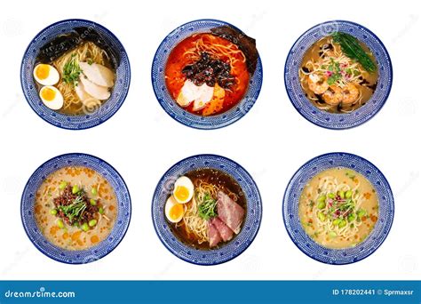Set of Different Types of Japanese Ramen, Tantanmen, Shio Ramen Stock ...