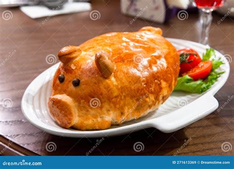 Pig Shaped Meat Pie is on a Table, Close Up Photo Stock Image - Image ...