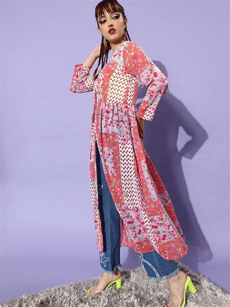 StyleStone Women's Tile Print Pink & Coral Polyester Long Shrug ...