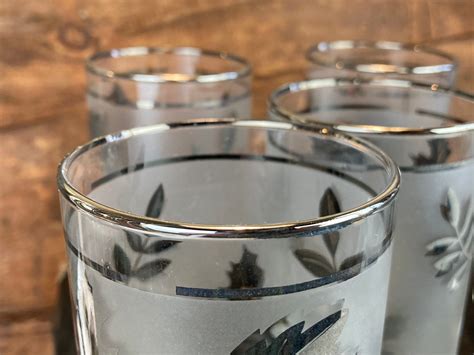 Set of Seven (7) Libbey Drink Glasses, Silver Foliage Pattern, Mid ...