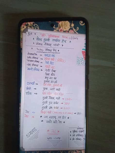 Menu at Tulsi dining hall, Kolhapur