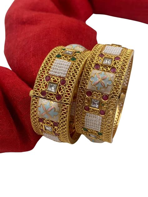 Designer Gold Plated Broad Golden Bangles With Meenakari By Gehna Shop