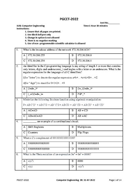 CE 2022 - Computer Engineering Exam Instructions and Questions - Studocu