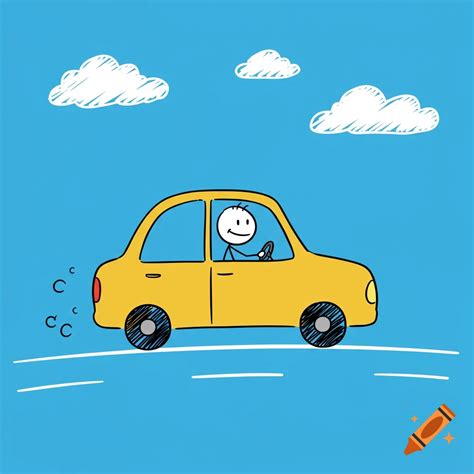 A stick figure driving a yellow car on a road in a cartoon style. on ...