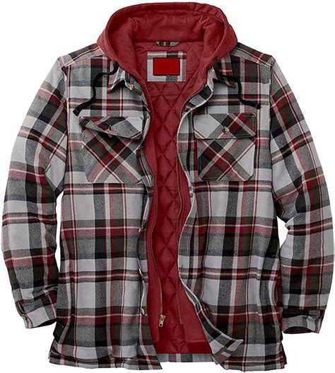 Men Thicken Plaid Hooded Flannel Quilted Lined Button Up Shirt Jacket ...