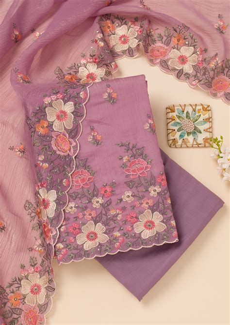 Buy Lavender Threadwork Tissue Unstitched Salwar Suit - Koskii