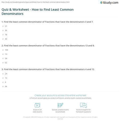 Quiz & Worksheet - How to Find Least Common Denominators | Study.com