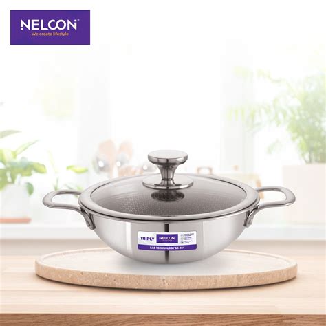 Triply Honeycomb Stainless Steel Kadai 22cm Glass Lid Induction Base ...