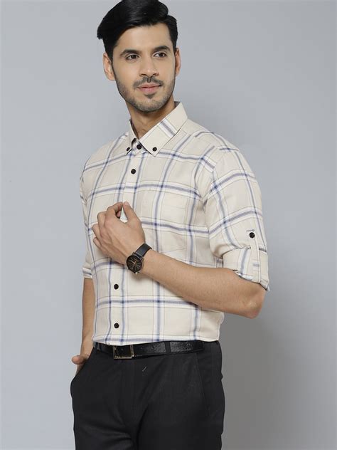 Men Cream-Coloured Blue Smart Slim Fit Checked Formal Shirt – Dennison ...