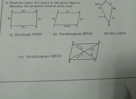 find the value x and y in the given figures. mention the property used ...