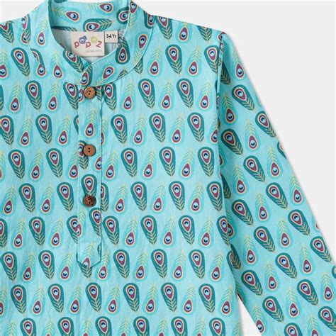 Desi Soota Cotton Kurta Pajama Set - Blue Peacock Feather