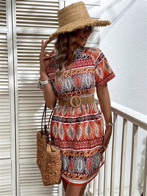 Notched Neck Graphic Print A-line Dress Without Belt | SHEIN USA