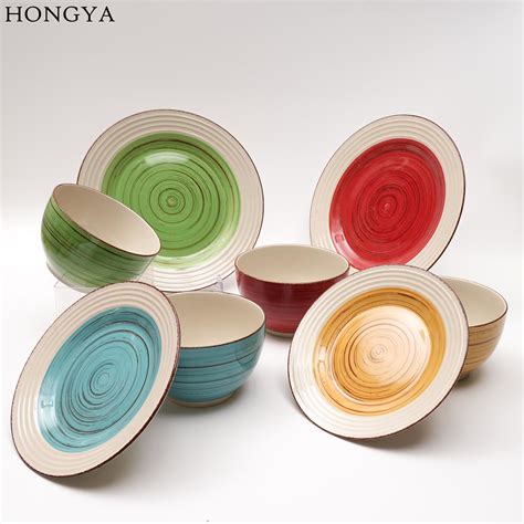 Multi-Color Stoneware Dinnerware Set with Hand Painted - Ceramic Plate ...