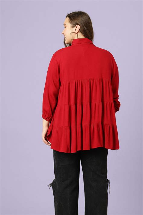 Curvy Lane Red Pleated Collar Neck Hi-Low Top for Women