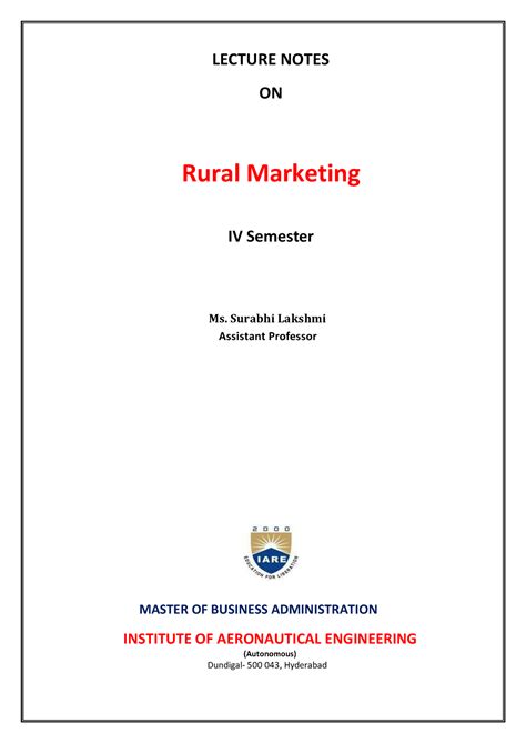 IARE RM Notes 2 - bbm - LECTURE NOTES ON Rural Marketing IV Semester Ms ...