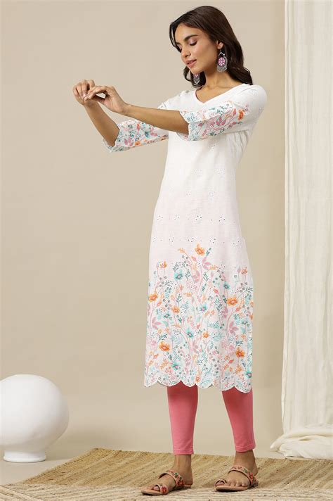Buy White Floral Printed Schiffli Embroidered Sweetheart Neck Straight ...
