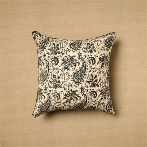 Beige Block Print Cotton Kalamkari Cushion Cover