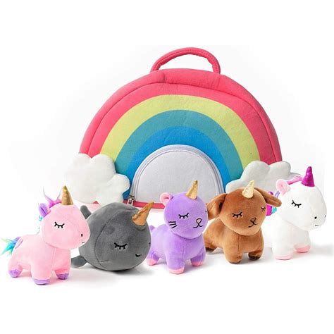 5PC Unicorn Themed Stuffed Animal Set with Rainbow Case Includes ...