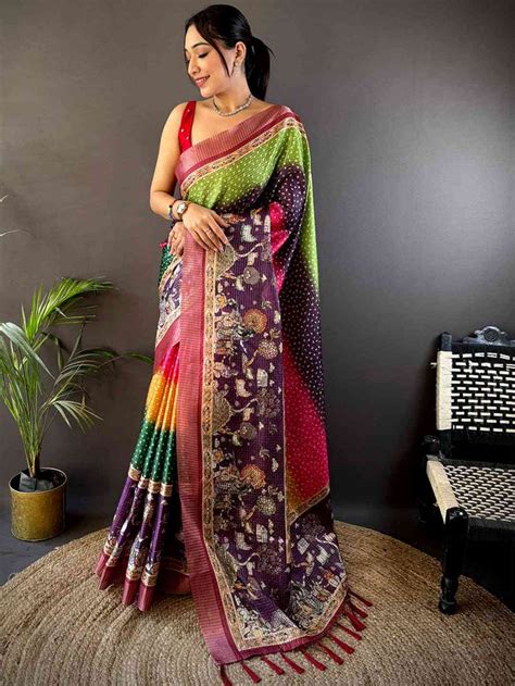 Shop Vibrant Silk Blend Bandhani Print Saree Online
