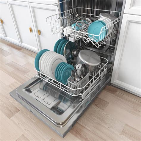 Open Dishwasher with Clean Dishes Inside in Kitchen Stock Illustration ...