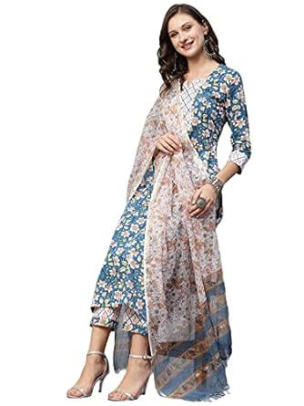 Buy GoSriKi Women's Cotton Blend Straight Printed Kurta with Pant ...