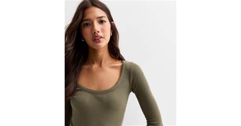 Khaki Ribbed Long Sleeve Scoop Neck Top | New Look