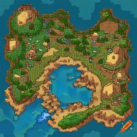 Pixel art fantasy Map, with a big tree, 5 ruins, 3 castel(1 in jungle ...