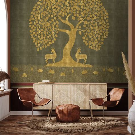 Tree of Life Wallpaper in Style of Pichwai Art Green | Life n Colors