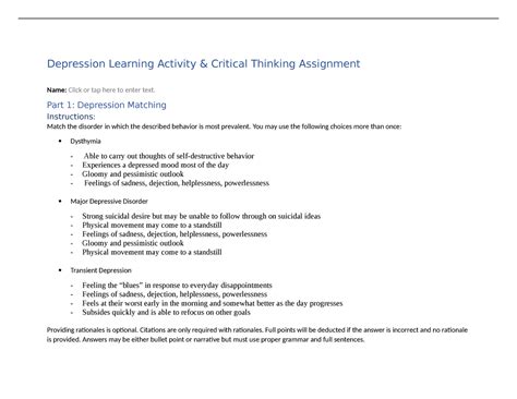 Depression Learning Activity Critical Thinking Assignment - Depression ...