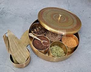 Homez Decor Handmade (Coloured Floral Embossed) Pure Brass Masala Box ...