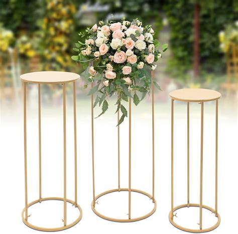 Gold Metal Stand, 3 Pcs Tall Cylinder Pedestal Stands for Wedding Table ...