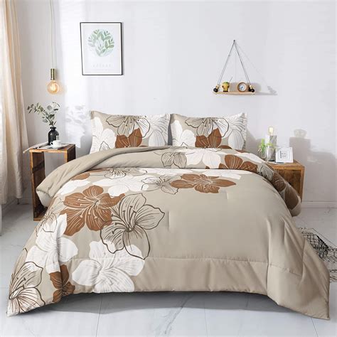 Amazon.com: Menghomeus Brown Comforter Set King Taupe Floral Comforter ...
