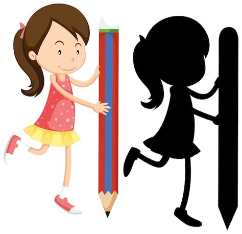 Girl holding pencil in colour and silhouette | Free Vector