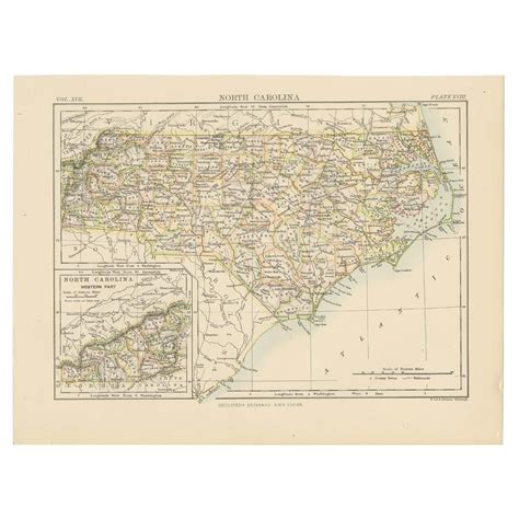 Antique Map of North Carolina, with inset map of the western part For ...