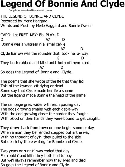 Old Country song lyrics with chords - Legend Of Bonnie And Clyde