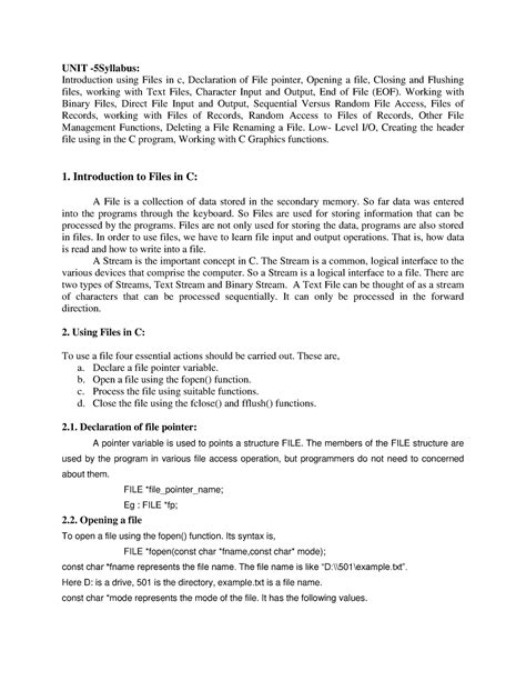 CP5 - UNIT -5Syllabus: Introduction using Files in c, Declaration of ...