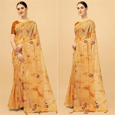Mustard Floral Embroidered Chiffon Saree