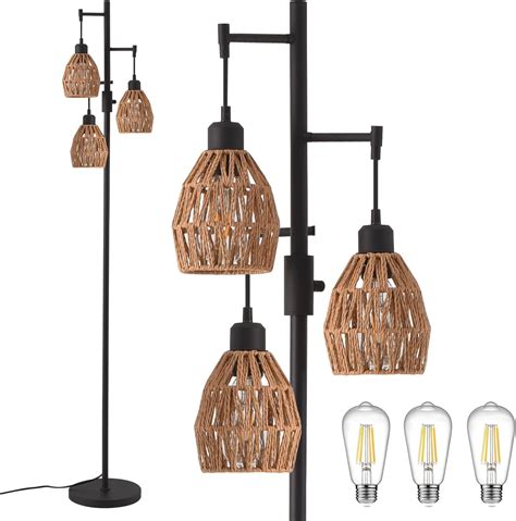 RHYEVNB Floor Lamp, 3-Lights Rattan Floor Lamp with Shelves, Farmhouse ...