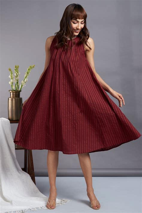 marsala valley - sleeveless crew neck gather dress with gold lines ...